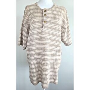 Vtg Thick Cotton Striped Henley Knit Sweater Short‎ Sleeves Tan Brown Quiet Lux